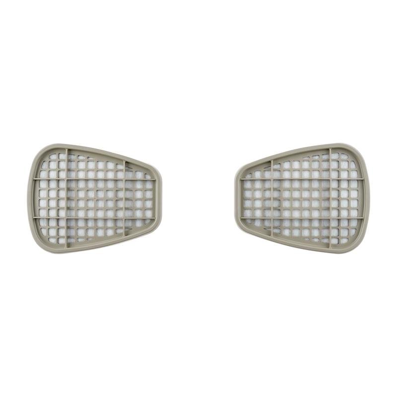 Depicted are two identical 3M™ Filter Cartridges 6055, A2 Organic Vapors from 3M Deutschland GmbH side by side on a white background, each with a rectangular, slightly convex light gray plastic grid cover.