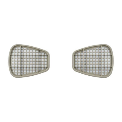 Depicted are two identical 3M™ Filter Cartridges 6055, A2 Organic Vapors from 3M Deutschland GmbH side by side on a white background, each with a rectangular, slightly convex light gray plastic grid cover.