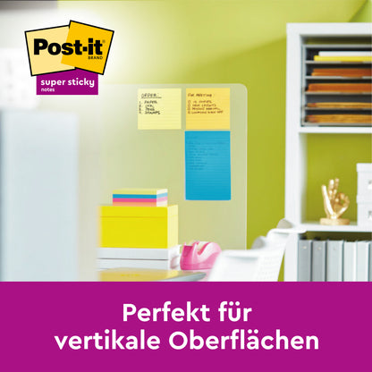 A glass divider with yellow, orange, and blue Post-it® Notes in large format (101 mm x 152 mm) from 3M Deutschland GmbH is depicted in an office. The German text reads: "Perfect for vertical surfaces." The brand logo appears.
