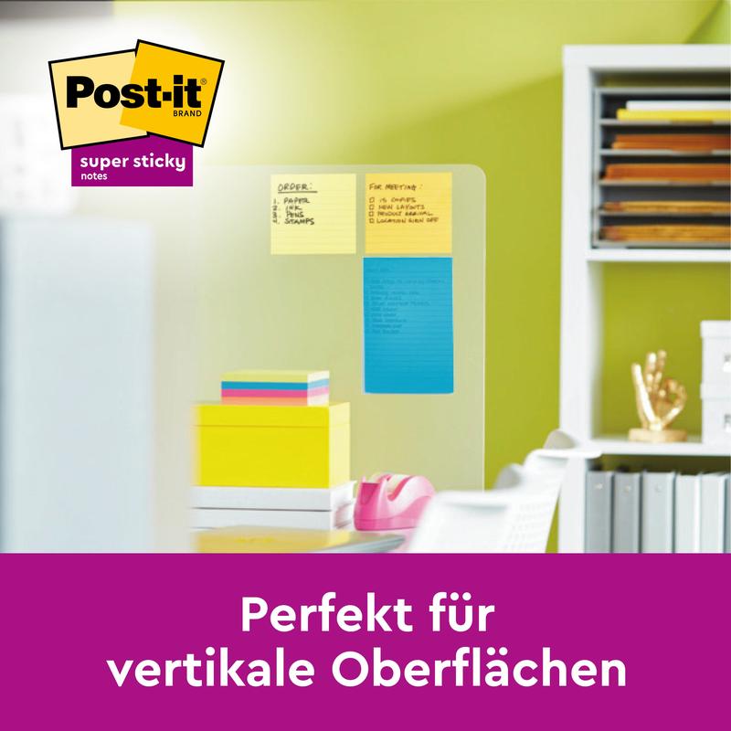 In an office, a glass board with Post-it® Super Sticky Notes in large format, Boost Collection, 101 mm x 152 mm, lined, by 3M Deutschland GmbH is shown. Text: "Perfect for vertical surfaces." The logo appears at the top left.