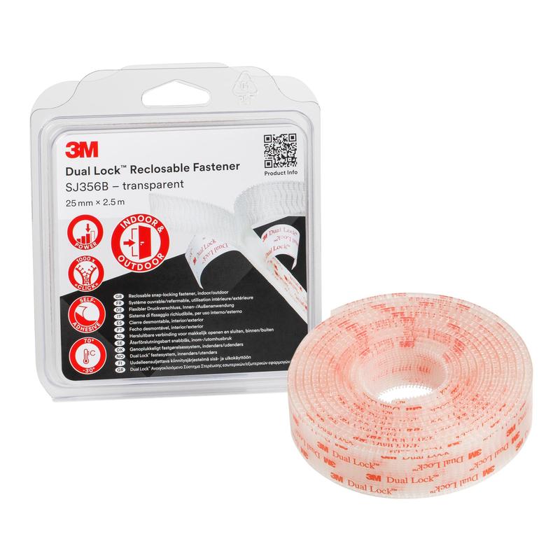 3M™ Dual Lock™ Flexible Snap Fastener SJ356B, Transparent, 25 mm x 2.5 m, 5.7 mm, 40 Heads/cm², Individually Wrapped | Pack (1 roll)