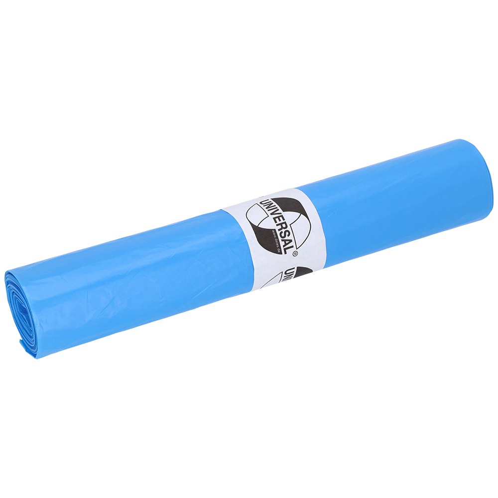 Eine Rolle EMIL DEISS KG (GmbH + Co.) DEISS 40009 Müllbeutel, 700x700x0,02 mm blau (50 Stück), zeigt ein weißes "UNIVERSAL"-Etikett mit kreisförmigem Logo auf einfarbig weißem Hintergrund.