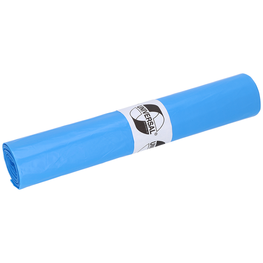 Eine Rolle EMIL DEISS KG (GmbH + Co.) DEISS 40009 Müllbeutel, 700x700x0,02 mm blau (50 Stück), zeigt ein weißes "UNIVERSAL"-Etikett mit kreisförmigem Logo auf einfarbig weißem Hintergrund.