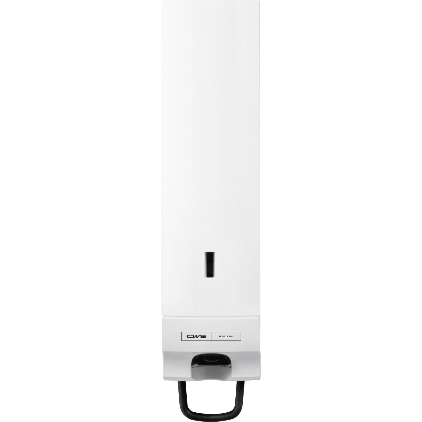 The CWS Paradise Cream Slim soap cream dispenser - With panel, white is a white wall-mounted dispenser with a black base grip, transparent fill window, "CWS HYGIENE" label, and click-in-bottle system for easy refilling. Brand: CWS.