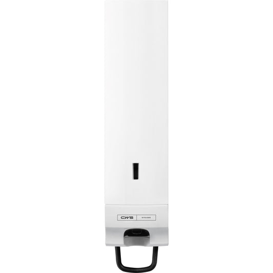 Der CWS Paradise Cream Slim Seifencremespender - Mit Panel, Weiß ist ein weißer Wandspender mit schwarzem Bodengriff, transparentem Füllfenster, "CWS HYGIENE"-Etikett und Click-in-Bottle-System zum einfachen Nachfüllen. Marke: CWS.