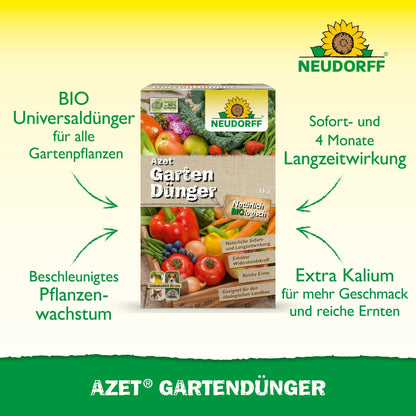 Pictured is a box of Azet Garden Fertilizer from the Neudorff Shop with vegetables, the Neudorff logo, and a text highlighting universal usability, additional potassium, and the balanced fertilizer for faster growth and sustainable gardening.