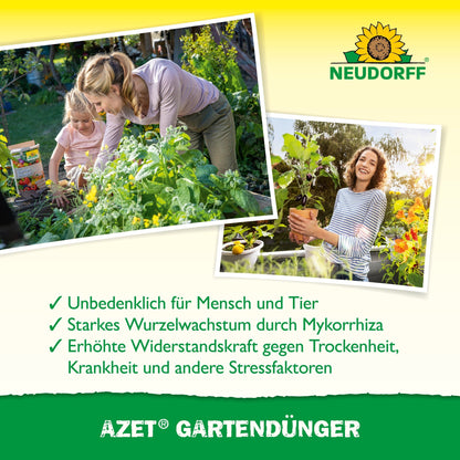 A woman and a child are gardening together while another woman smiles with a plant. Three checkmarks highlight the benefits of Azet Garden Fertilizer from Neudorff Shop - an organic complete fertilizer, perfect for plant care.