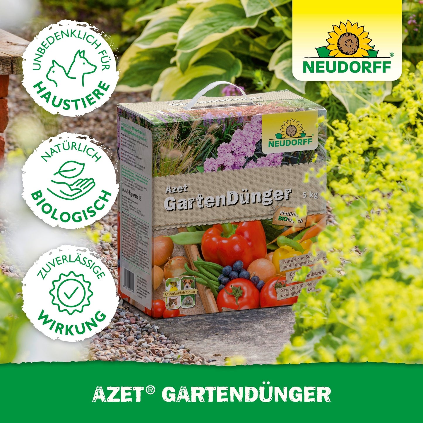 A box of Neudorff Shop Azet Garden Fertilizer stands on a garden path amidst lush plants, showing images of vegetables, fruits, and symbols for pet safety, biological origin, and reliable effectiveness.