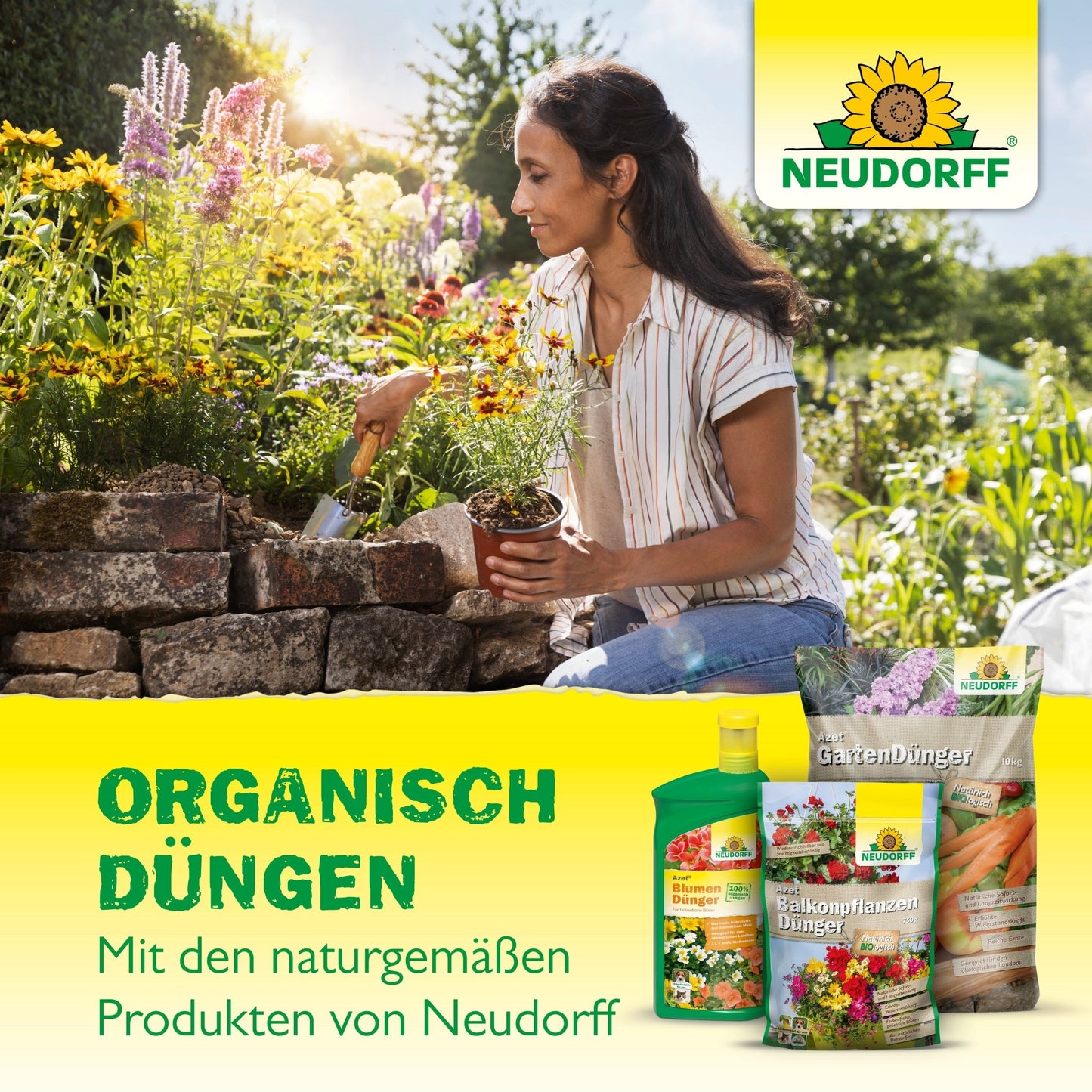 A woman kneels in a garden and plants flowers in a stone-raised bed. In the foreground, the Azet Garden Fertilizer from Neudorff Shop can be seen. The German text highlights the balanced fertilizer for healthy plant growth.