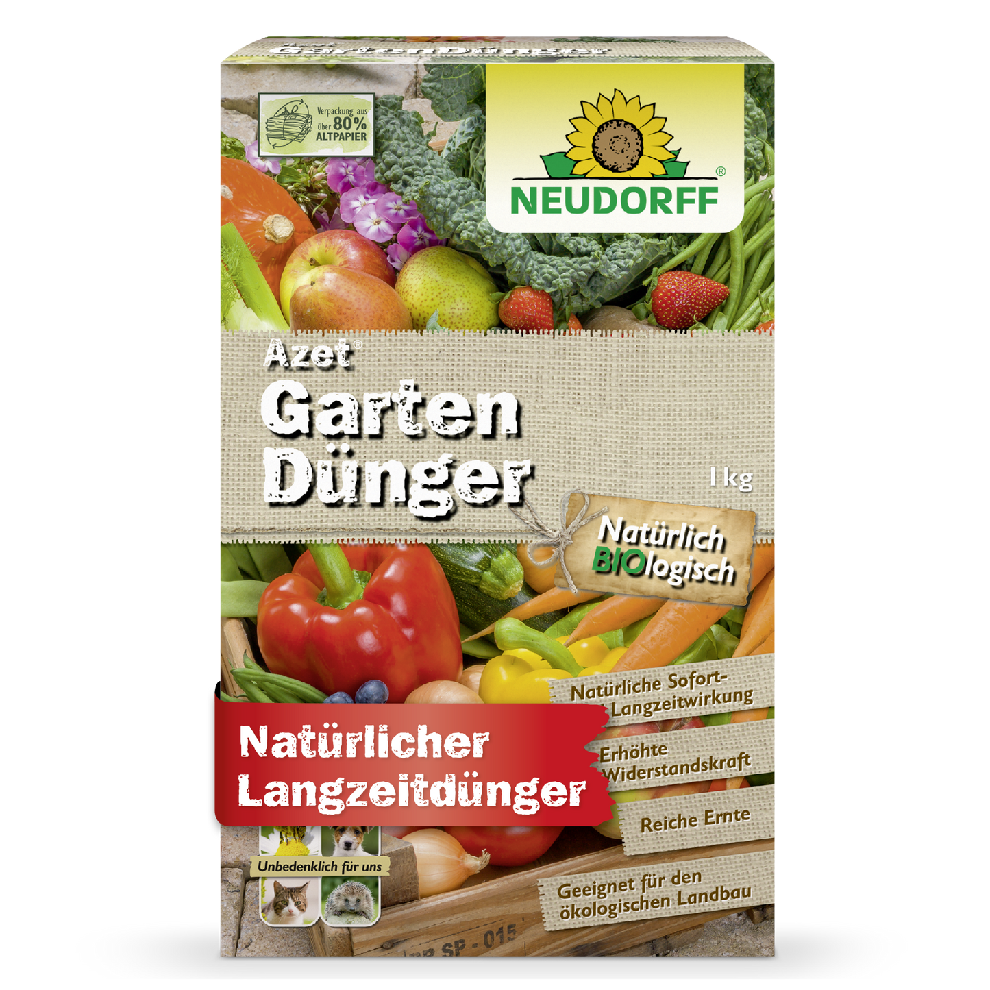 The Azet Garden Fertilizer from Neudorff Shop, an organic complete fertilizer with vegetable motifs, is a 1 kg heavy, rectangular box that highlights natural, organic ingredients and long-lasting effects - ideal for fertilizing plants.