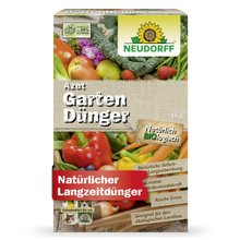 The Azet Garden Fertilizer from Neudorff Shop, an organic complete fertilizer with vegetable motifs, is a 1 kg heavy, rectangular box that highlights natural, organic ingredients and long-lasting effects - ideal for fertilizing plants.