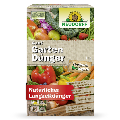 The Azet Garden Fertilizer from Neudorff Shop, an organic complete fertilizer with vegetable motifs, is a 1 kg heavy, rectangular box that highlights natural, organic ingredients and long-lasting effects - ideal for fertilizing plants.
