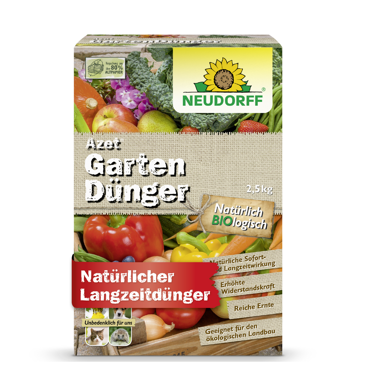 A 2.5 kg box of Azet Garden Fertilizer from Neudorff Shop, an organic long-term fertilizer for plants, is adorned with vegetable images and a label suitable for organic farming.