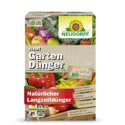 A 2.5 kg box of Azet Garden Fertilizer from Neudorff Shop, an organic long-term fertilizer for plants, is adorned with vegetable images and a label suitable for organic farming.