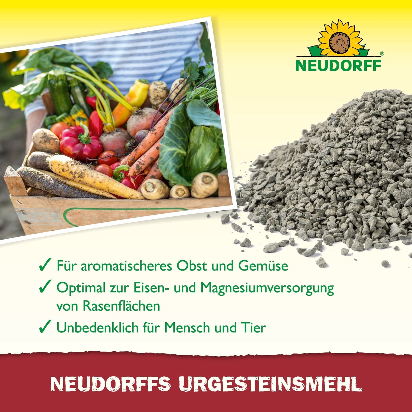 A pile of gray Neudorff's UrgesteinsMehl lies next to a wooden box with mixed vegetables. A German text highlights its benefits for soil fertility, and the Neudorff Shop logo appears in the upper right corner.