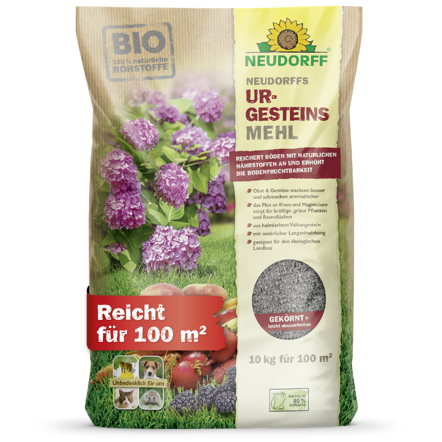 A 10 kg bag of Neudorff's UrgesteinsMehl from the Neudorff Shop, labeled for 100 m², with hydrangea and berry motifs, provides natural nutrients to increase soil fertility and improve soil quality.