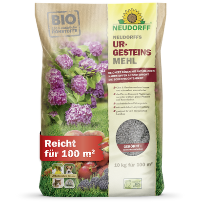 A 10 kg bag of Neudorff's UrgesteinsMehl from the Neudorff Shop, labeled for 100 m², with hydrangea and berry motifs, provides natural nutrients to increase soil fertility and improve soil quality.