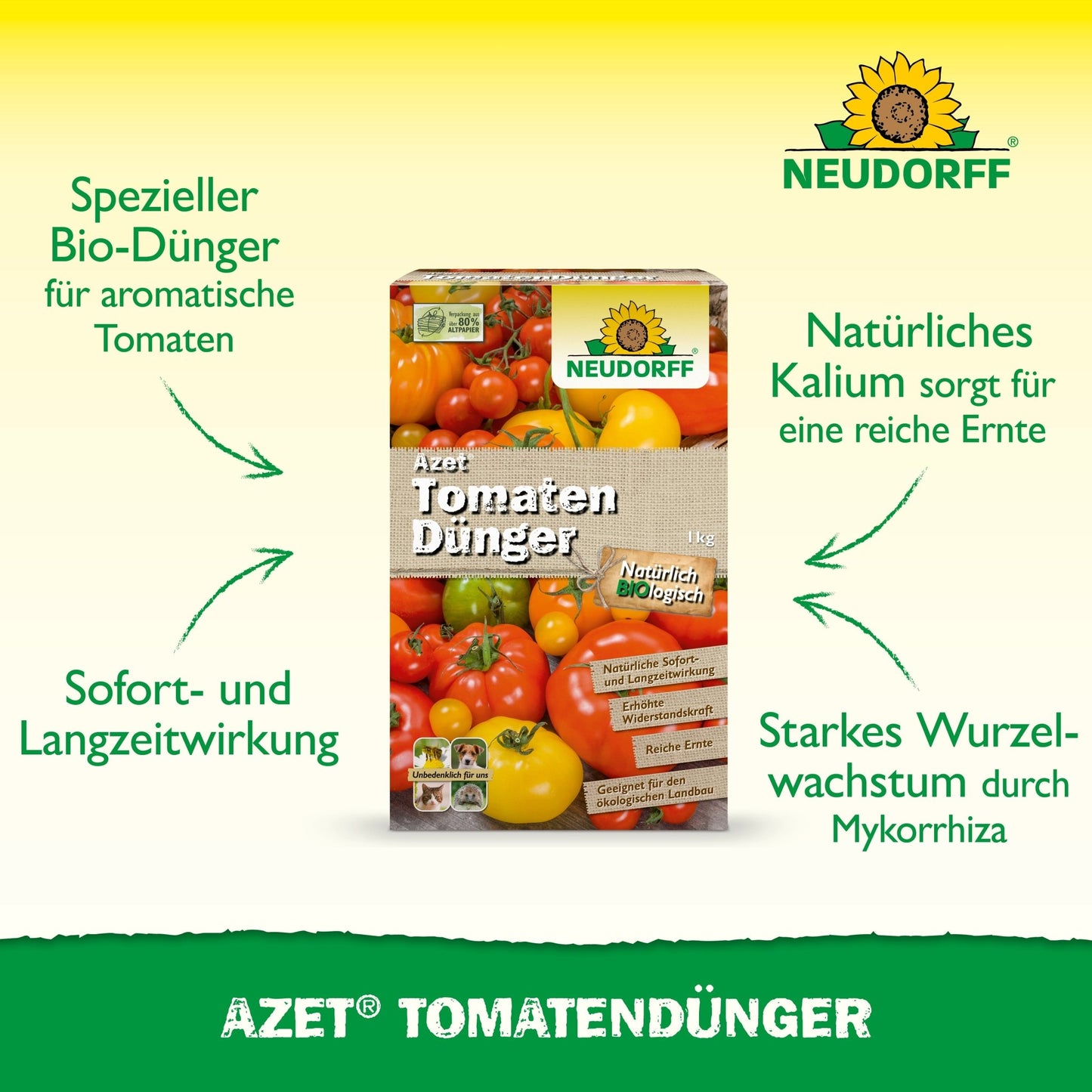 Pictured is a box of Azet Tomato Fertilizer from Neudorff Shop with an organic formula ideal for tomato fertilization, promising abundant harvests, quick and long-lasting effects, and strong root support.