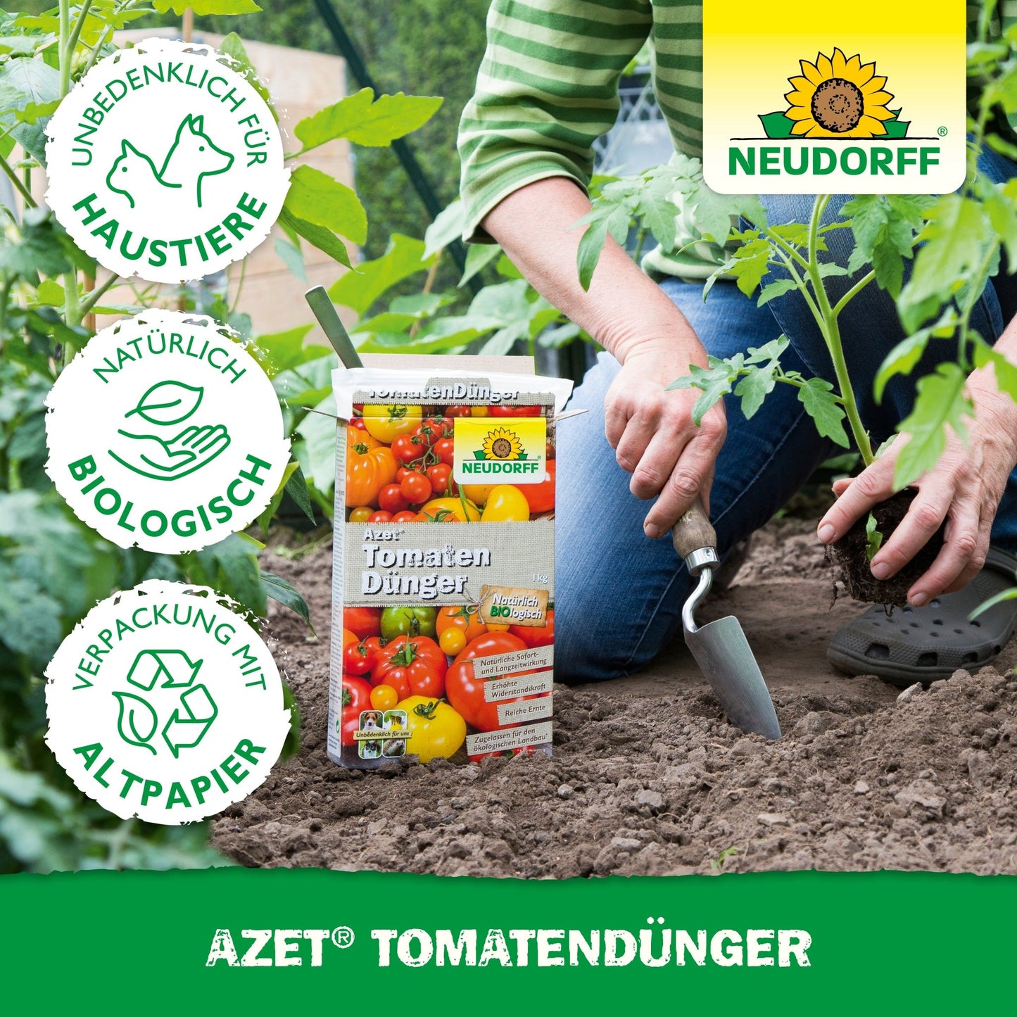 A person uses a garden trowel near tomato plants and has a box of Neudorff Shop Azet Tomato Fertilizer. Eco-friendly and pet-friendly icons highlight this organic fertilizer for "a rich harvest."