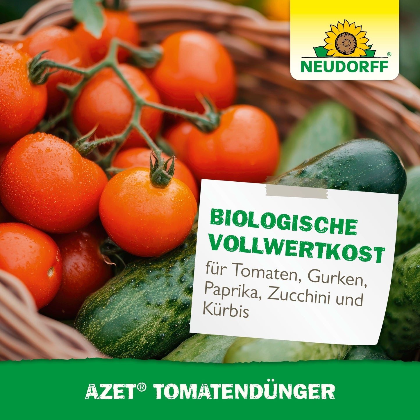 Under the Neudorff Shop logo and the inscription "rich harvest and organic complete fertilizer for tomatoes, cucumbers, peppers"-Azet Tomato Fertilizer stands a wicker basket full of fresh tomatoes, cucumbers, and green peppers.