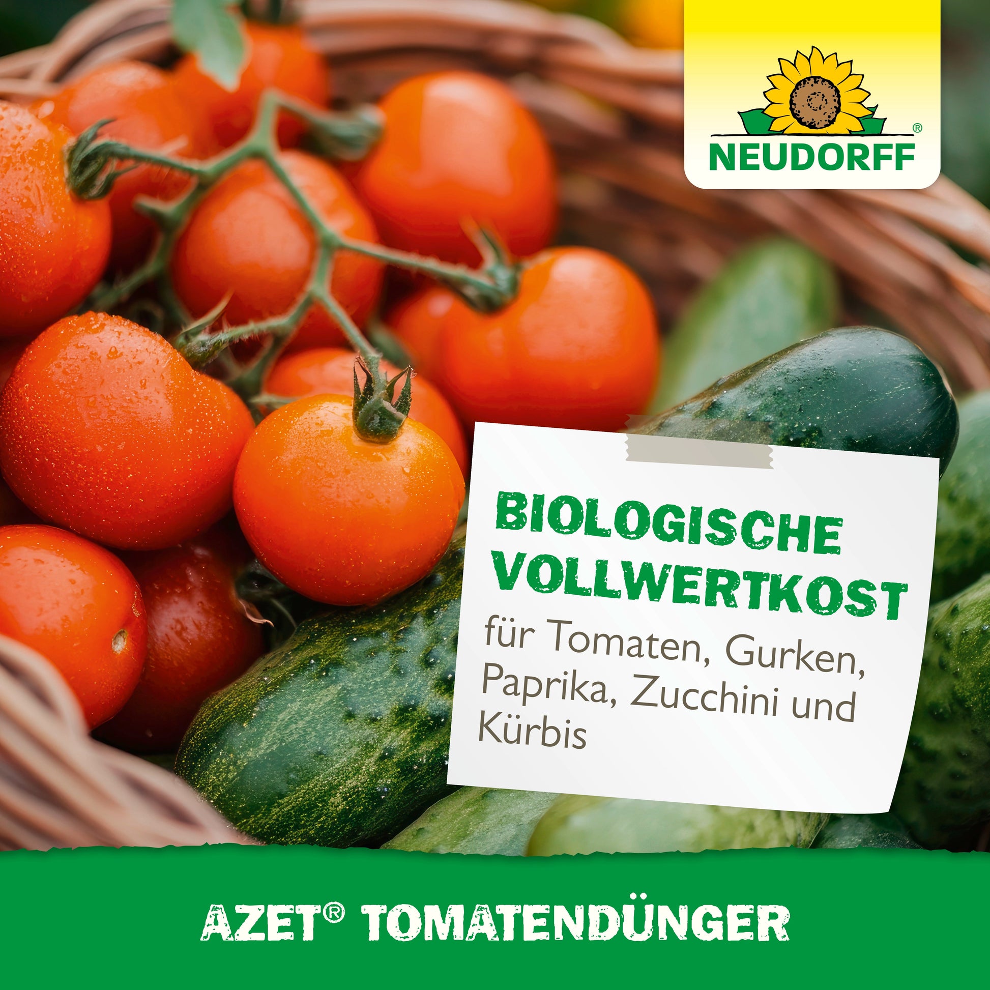Unter dem Logo des Neudorff Shops und der Aufschrift "reiche Ernte und organischer Volldünger für Tomaten, Gurken, Paprika"-Azet TomatenDünger steht ein Weidenkorb voller frischer Tomaten, Gurken und grüner Paprika.