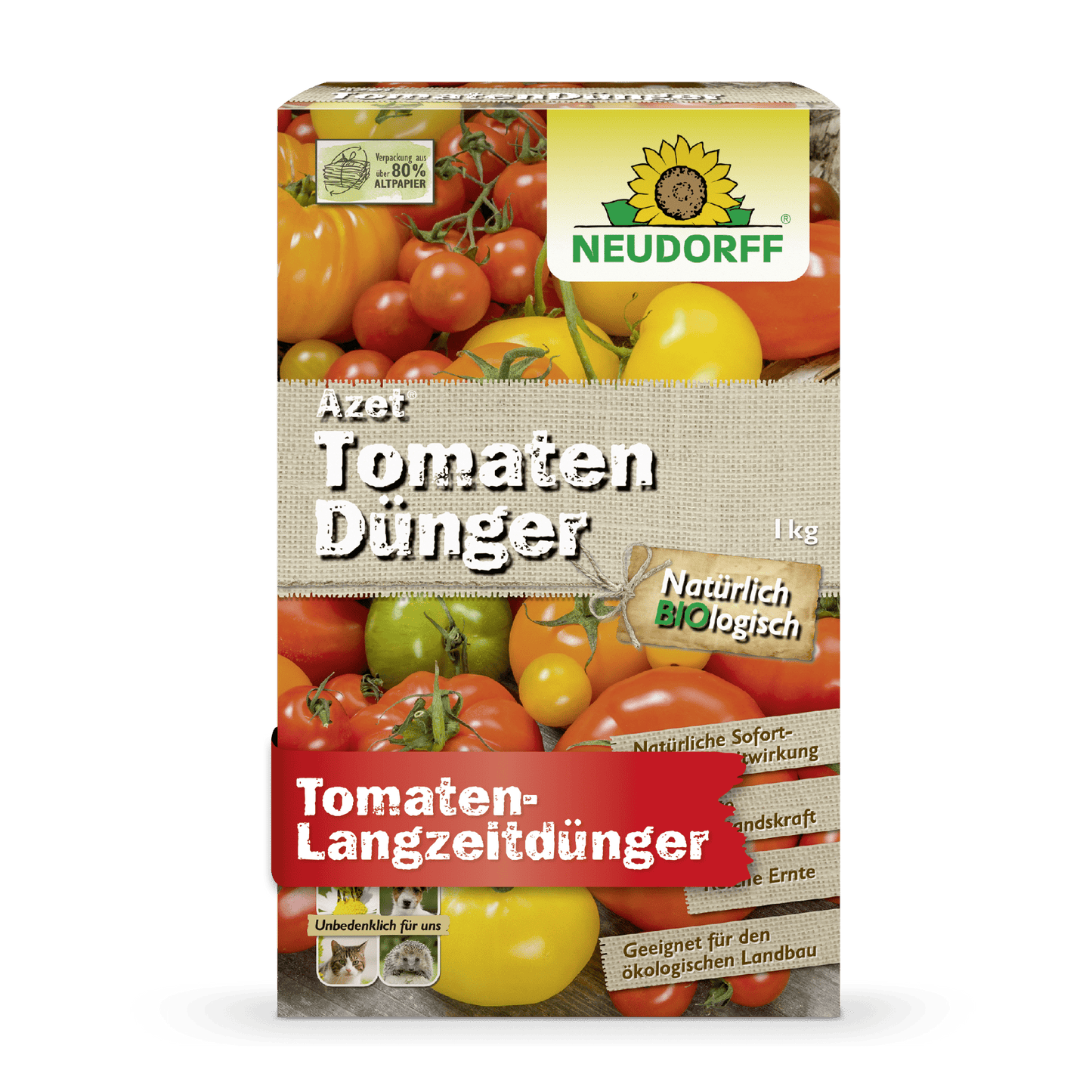 A rectangular box of Azet Tomato Fertilizer from Neudorff Shop with tomato images, branding, and German text highlights the organic formula for long-term fertilization and abundant tomato harvests.