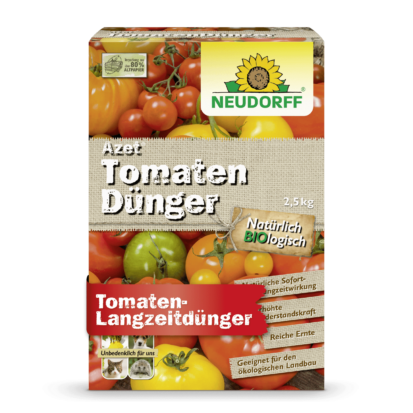 A box of Neudorff Shop Azet Tomato Fertilizer, 2.5 kg, with tomato images on the packaging highlights the biological formula, ideal for tomato fertilization and promising a rich harvest for organic farming.