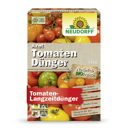 A box of Neudorff Shop Azet Tomato Fertilizer, 2.5 kg, with tomato images on the packaging highlights the biological formula, ideal for tomato fertilization and promising a rich harvest for organic farming.