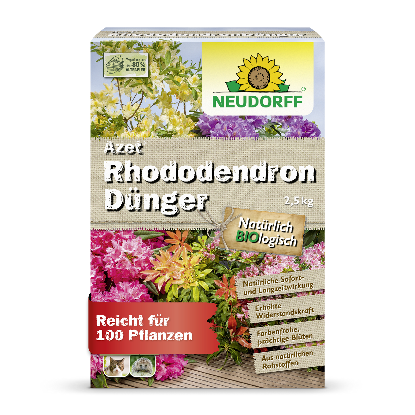 Eine 2,5-kg-Packung Neudorff Shop Azet RhododendronDünger, ein organischer Dünger für Rhododendren und Azaleen, mit Bildern von blühenden Blumen und deutschen Produktdetails auf der Vorderseite der Verpackung.