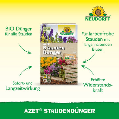 A package of Azet Perennial Fertilizer from Neudorff Shop stands on grass, surrounded by arrows highlighting benefits like long-lasting effects, strong blooms, and robust perennials in German.