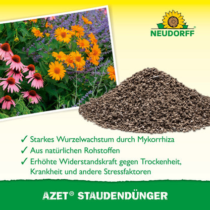 A pile of Azet Perennial Fertilizer from Neudorff Shop lies in the garden next to blooming perennials. The image shows the Neudorff logo and highlights benefits like better root growth, natural ingredients, and higher resilience.