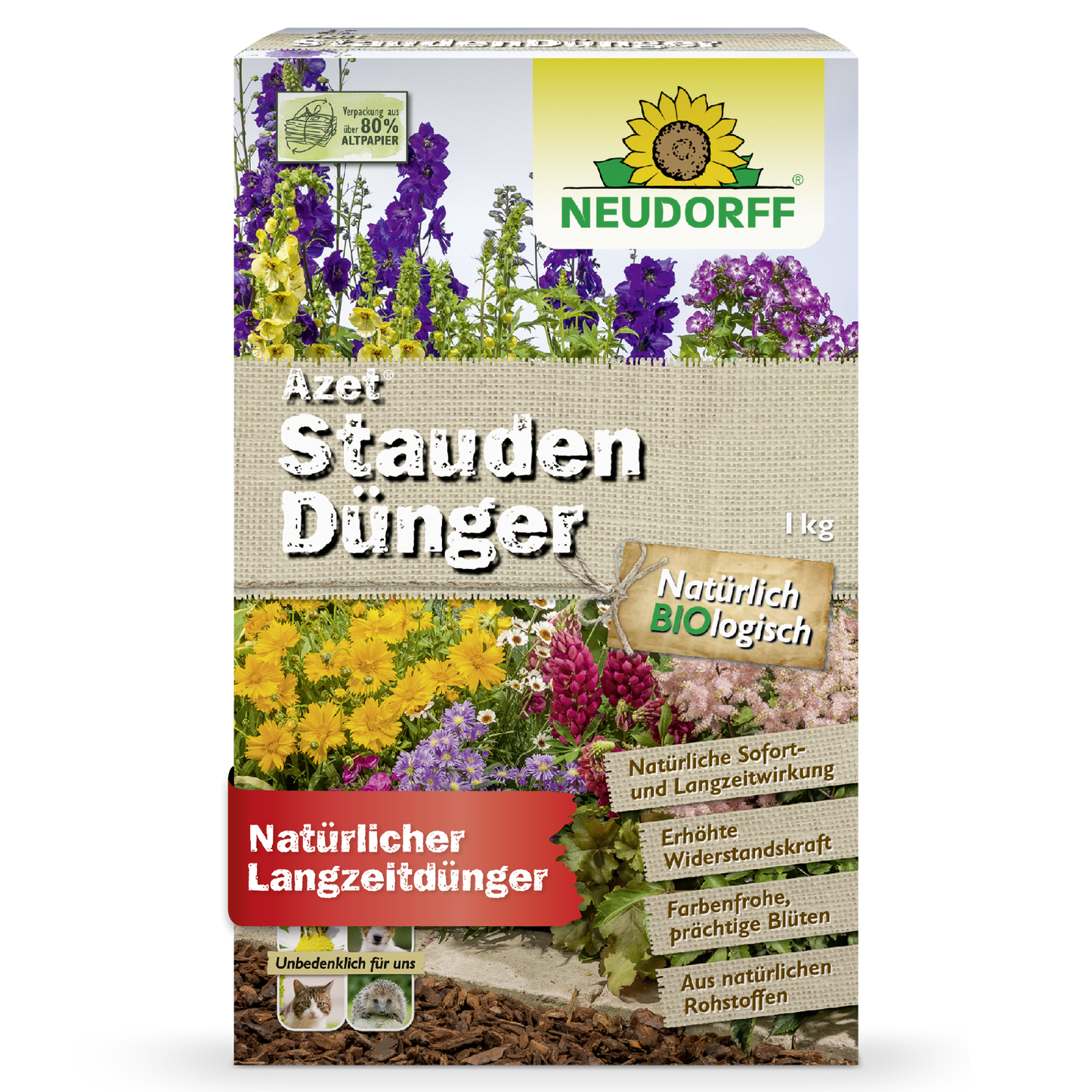 A box of Neudorff Shop Azet Perennial Fertilizer, an organic fertilizer for gardens and perennials, with colorful flowers and German product information on the front.