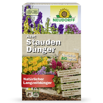 A box of Neudorff Shop Azet Perennial Fertilizer, an organic fertilizer for gardens and perennials, with colorful flowers and German product information on the front.