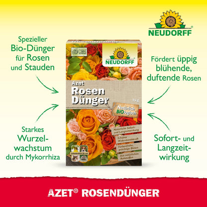 A box of Neudorff Shop Azet Rose Fertilizer is depicted with blooming roses behind it. The text highlights the bio-bio formula for roots and blooms, as well as the immediate and long-term effects.