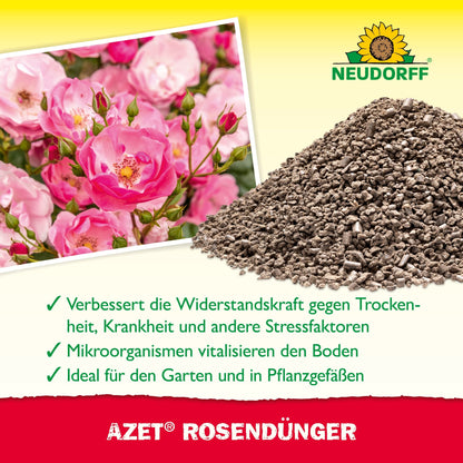 A product image for Azet Rose Fertilizer from the Neudorff Shop shows bio-granulate rose fertilizer, blooming roses, and German product advantages like stronger stress resistance and healthier soils.