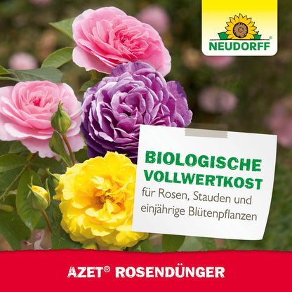 The label of Neudorff Shop Azet Rose Fertilizer shows pink, purple, and yellow blooming roses and highlights the benefits of the organic fertilizer for roses, perennials, and annual flowering plants.
