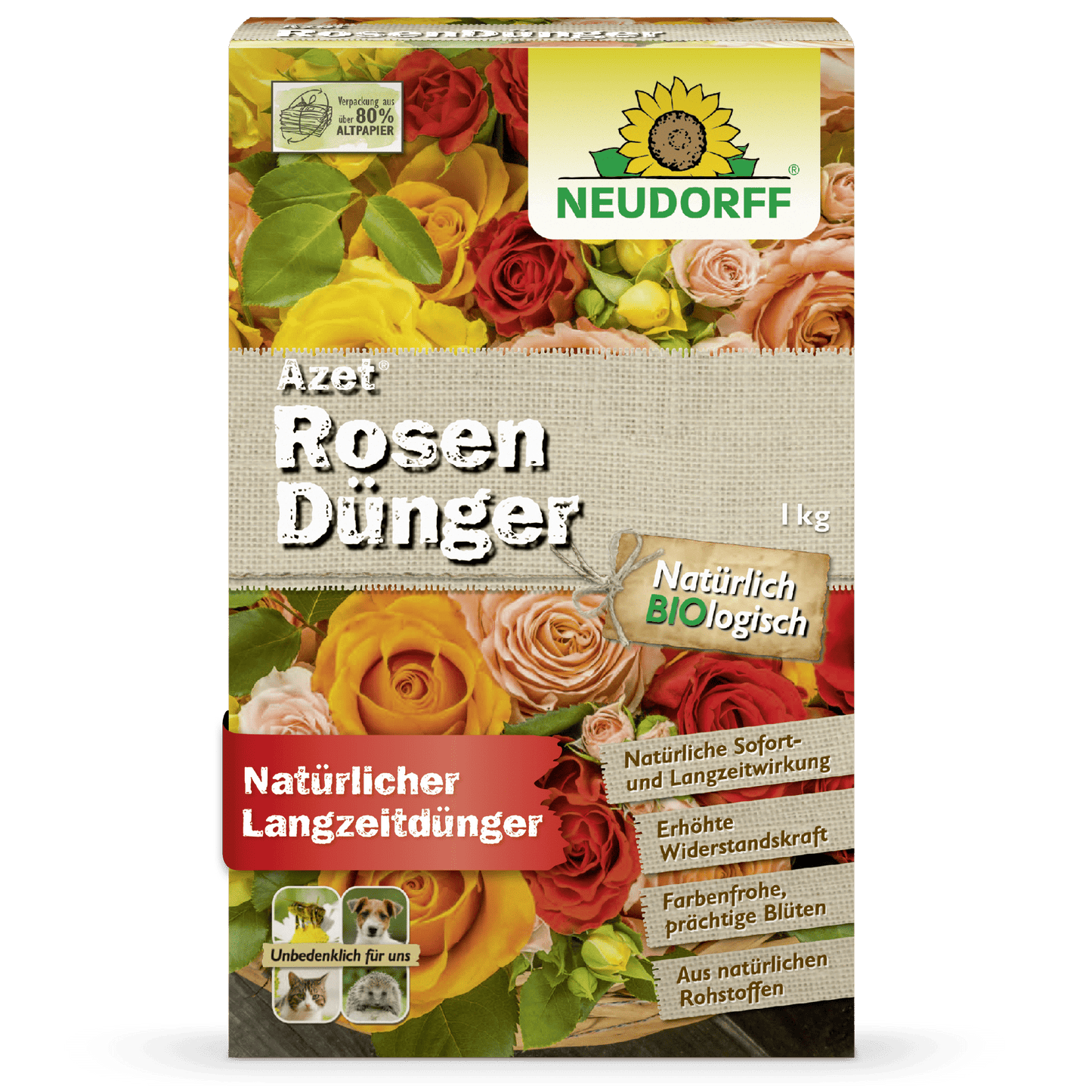 Front view of a 1 kg package of Neudorff Shop Azet Rose Fertilizer, an organic rose fertilizer. The packaging features blooming roses and advertises benefits such as increased resistance and vibrant blooms.