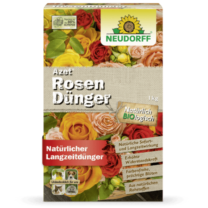 Front view of a 1 kg package of Neudorff Shop Azet Rose Fertilizer, an organic rose fertilizer. The packaging features blooming roses and advertises benefits such as increased resistance and vibrant blooms.