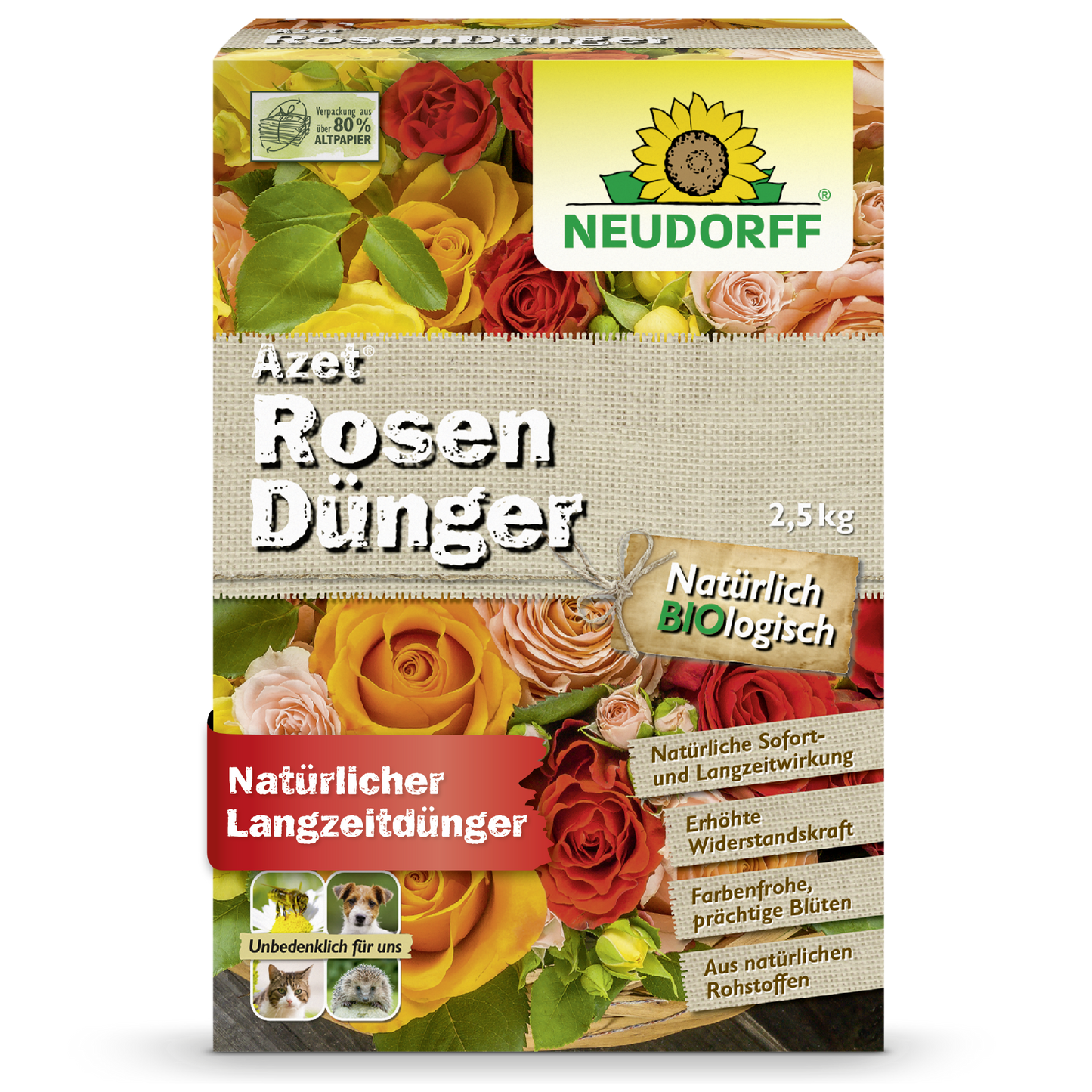 A 2.5 kg box of Azet Rose Fertilizer from the Neudorff Shop, with images of blooming roses and text describing it as a natural, organic long-term rose fertilizer for magnificent roses.