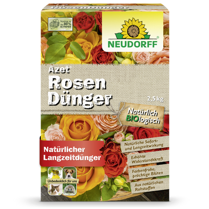 A 2.5 kg box of Azet Rose Fertilizer from the Neudorff Shop, with images of blooming roses and text describing it as a natural, organic long-term rose fertilizer for magnificent roses.