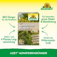 A box of Azet Conifer Fertilizer from the Neudorff Shop is depicted with images of evergreen conifers. The text refers to the organic complete fertilizer properties, long-lasting effect, improved foliage color, and better plant resistance.