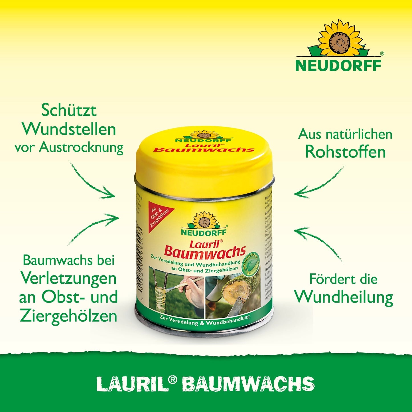 Pictured is a yellow-green "Lauril tree wax" container from Neudorff Shop. This plant wax protects and heals fruit trees. The German text highlights the natural ingredients.