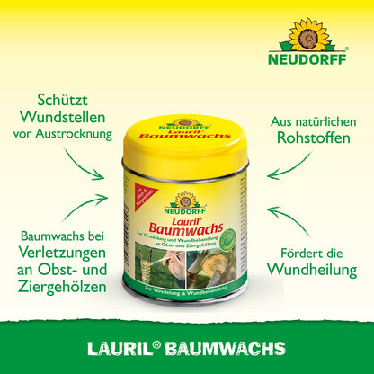 Pictured is a yellow-green "Lauril tree wax" container from Neudorff Shop. This plant wax protects and heals fruit trees. The German text highlights the natural ingredients.