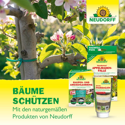 Pictured is a tree with pink and white blossoms, in the foreground plant protection products from the Neudorff Shop, including Lauril tree wax. The text reads: "Protect trees. With the natural products from Neudorff Shop."