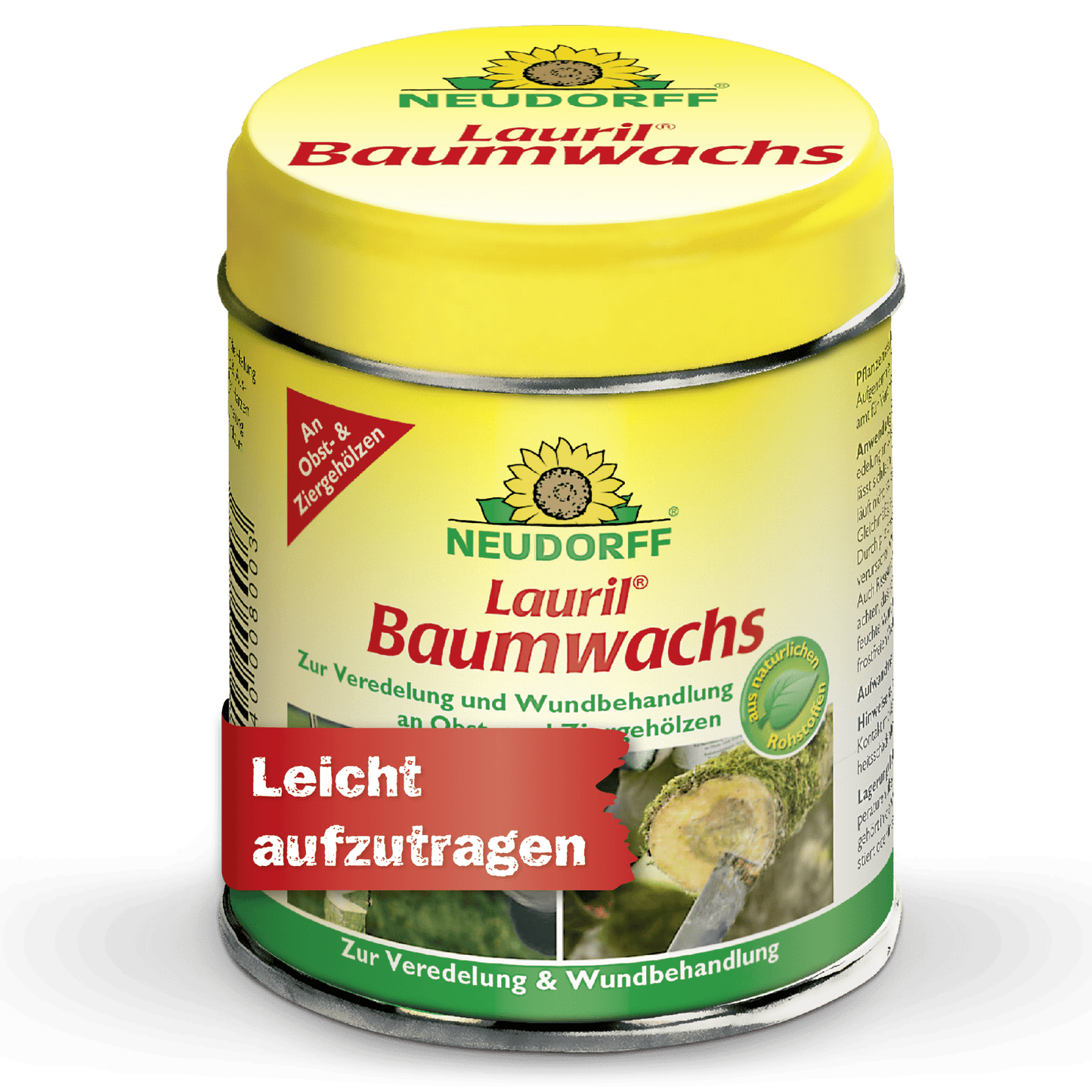 A yellow can of Lauril tree wax from Neudorff Shop for tree care and wound treatment of fruit and ornamental trees, with a red label that says "Easy to apply".