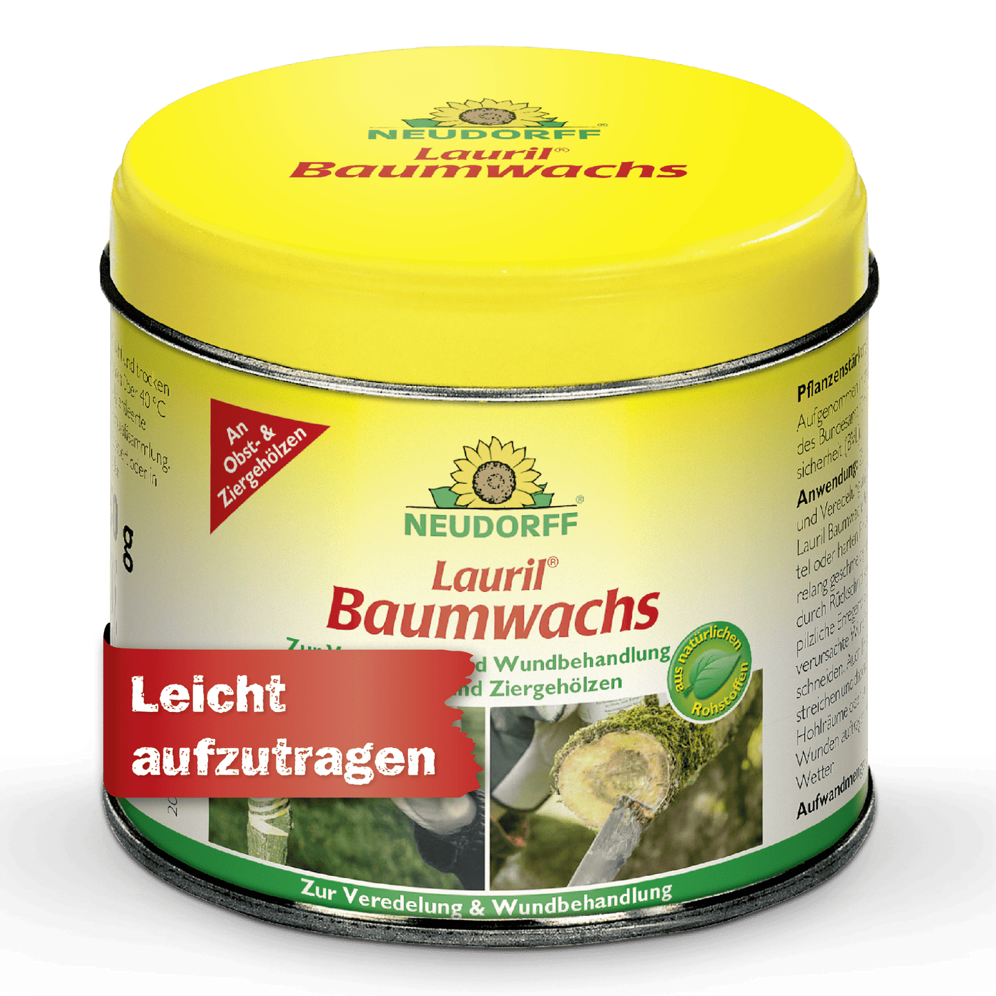 A yellow-green can of Lauril tree wax from Neudorff Shop for treating wounds on trees, ornamental plants, and fruit trees. The label features pictures of trees and the German sentence "Easy to apply." Ideal for tree wounds.