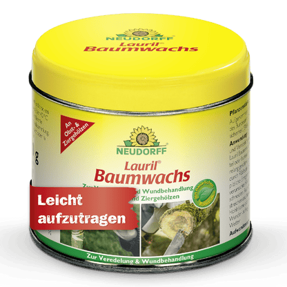 A yellow-green can of Lauril tree wax from Neudorff Shop for treating wounds on trees, ornamental plants, and fruit trees. The label features pictures of trees and the German sentence "Easy to apply." Ideal for tree wounds.