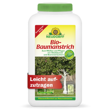 Ein weißer Behälter von Neudorff Shop mit der Aufschrift "Bio-Baumanstrich" zeigt einen Baum mit weißem Stamm. Auf dem Etikett steht "Leicht aufzutragen" und der Hinweis, dass dieses Produkt Baumrinde pflegt und schützt, ideal für Obst- und Beerenbäume.