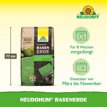 Abgebildet ist ein 40-Liter-Sack NeudoHum RasenErde von Neudorff Shop mit 77 cm Höhe, 8 Wochen Vordüngung und geeignet für den Einsatz von März bis November. Oben rechts ist das Neudorff-Logo abgebildet.