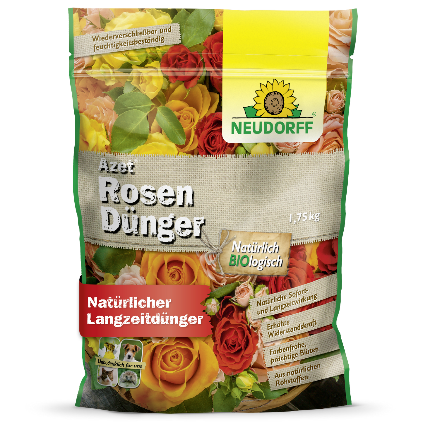 A 1.75 kg bag of Neudorff Shop Azet Rose Fertilizer, an organic, long-lasting rose fertilizer. The packaging shows blooming roses in the colors yellow, red, and orange, with natural quality labels.